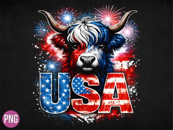 USA Highland Cow Patriotic Fireworks PNG: Blending Whimsy and Tradition in Modern Digital Design
