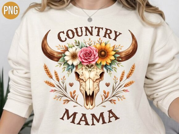 Western Country Mama Floral Skull Shirt Design